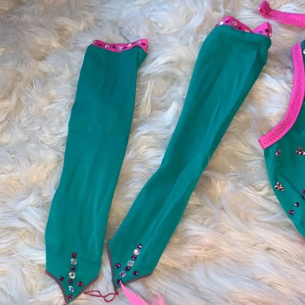 Custom dance costume with Swarovski Crystals. Teal and pink with arm sleeves